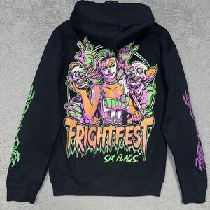 Six Flags Fright Fest Voodoo Kid Hoodie Men's Size S Black Horror Clown 2-Sided
